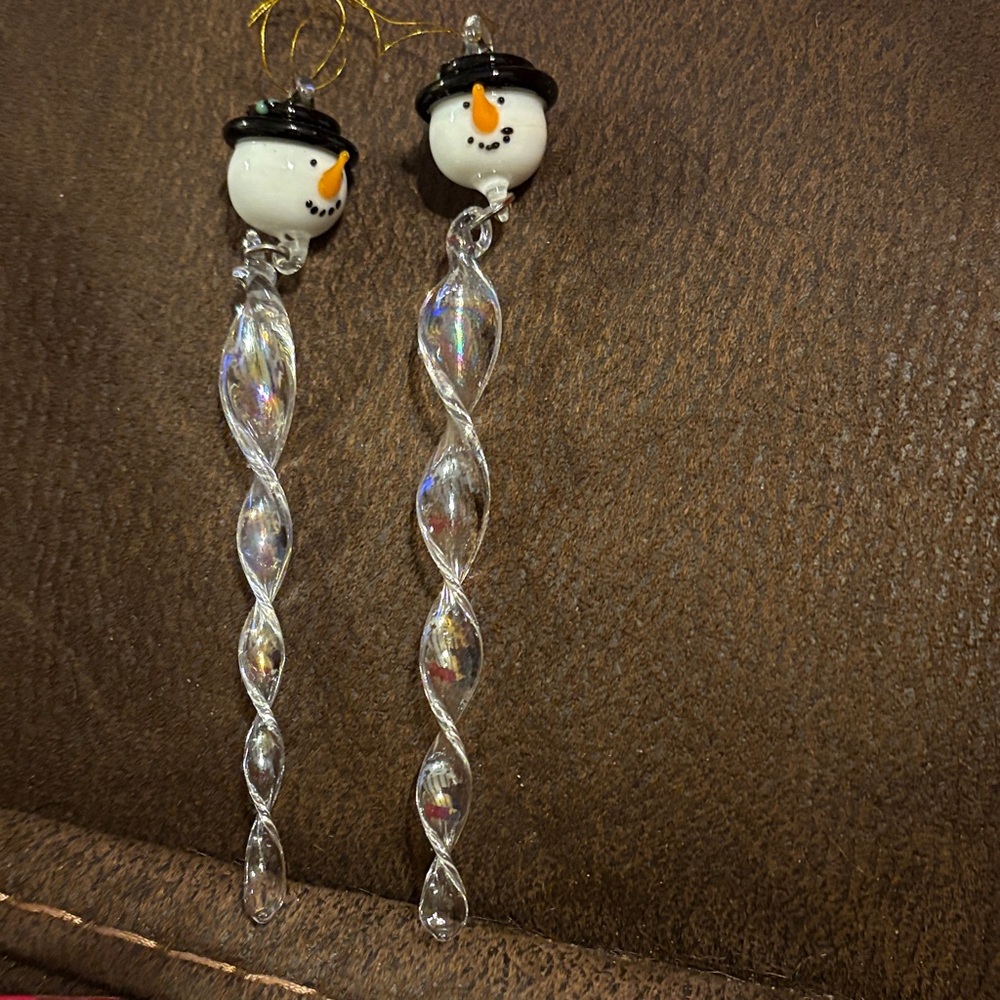 Snowman icicles Dangle glass ornament set of 2
